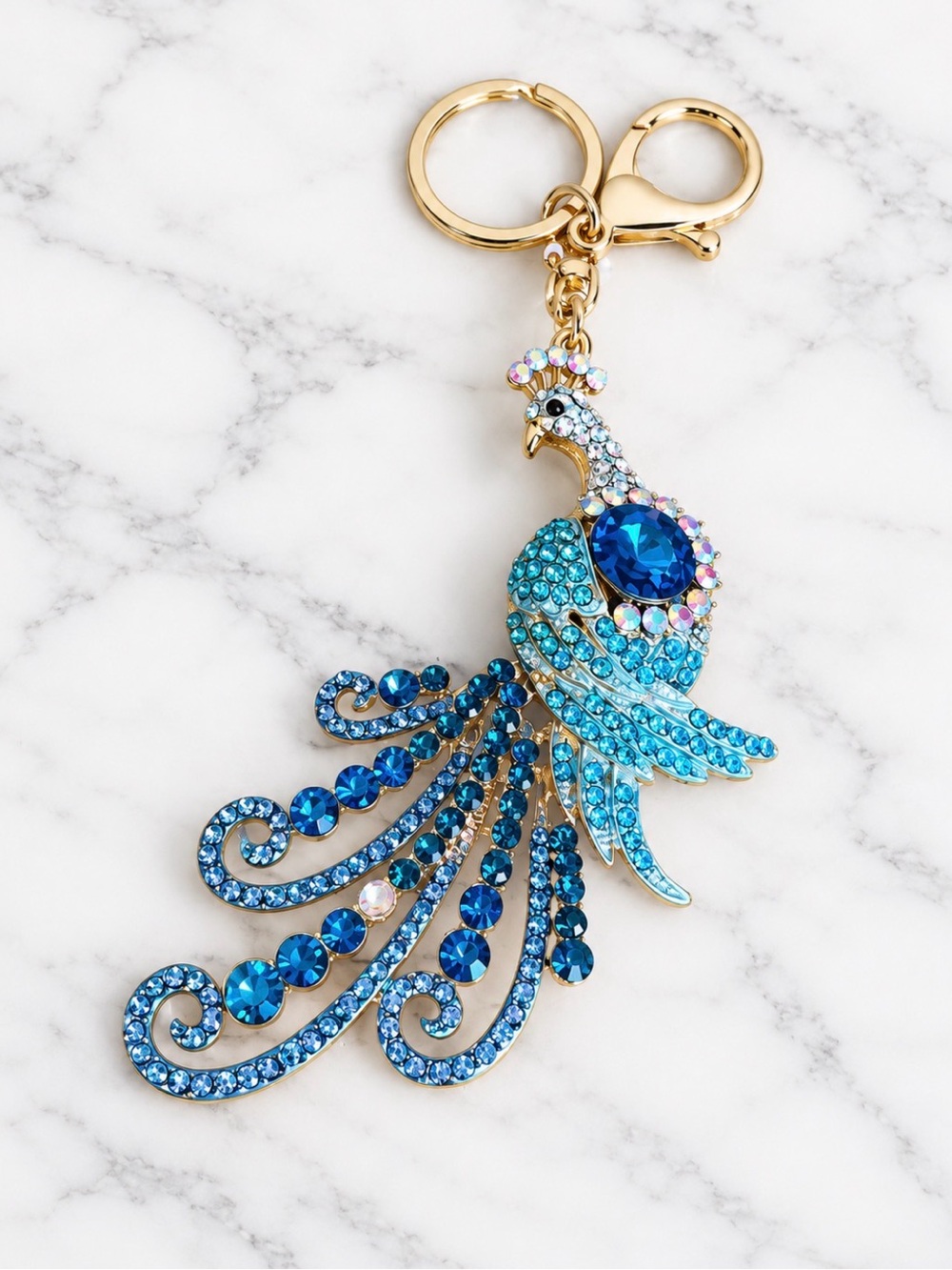 Blue Crystal Accented Peacock Bag Charm/Keyring- Gold Hardware